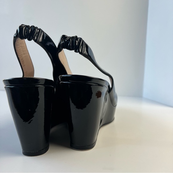 Stuart Weitzman Peep Toe Patent Leather Platform Slingback Wedges - Picture 10 of 12